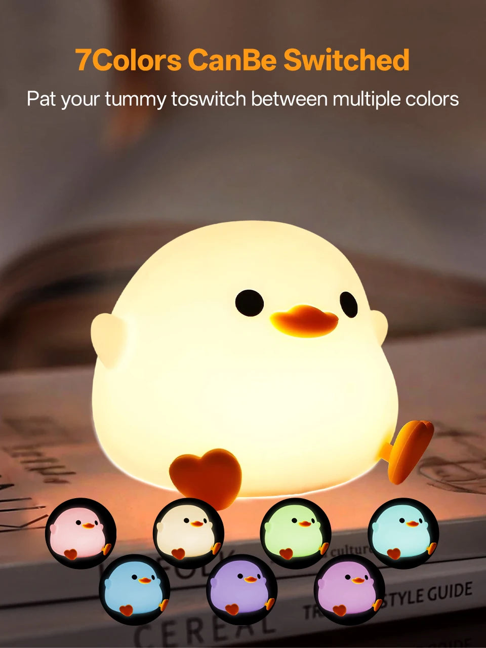 Cute Pear Night Light 7-Color Dimmable Touch-Controlled Night Light Silicone Stress Reducing Pat Duck Lamp USB Rechargeable