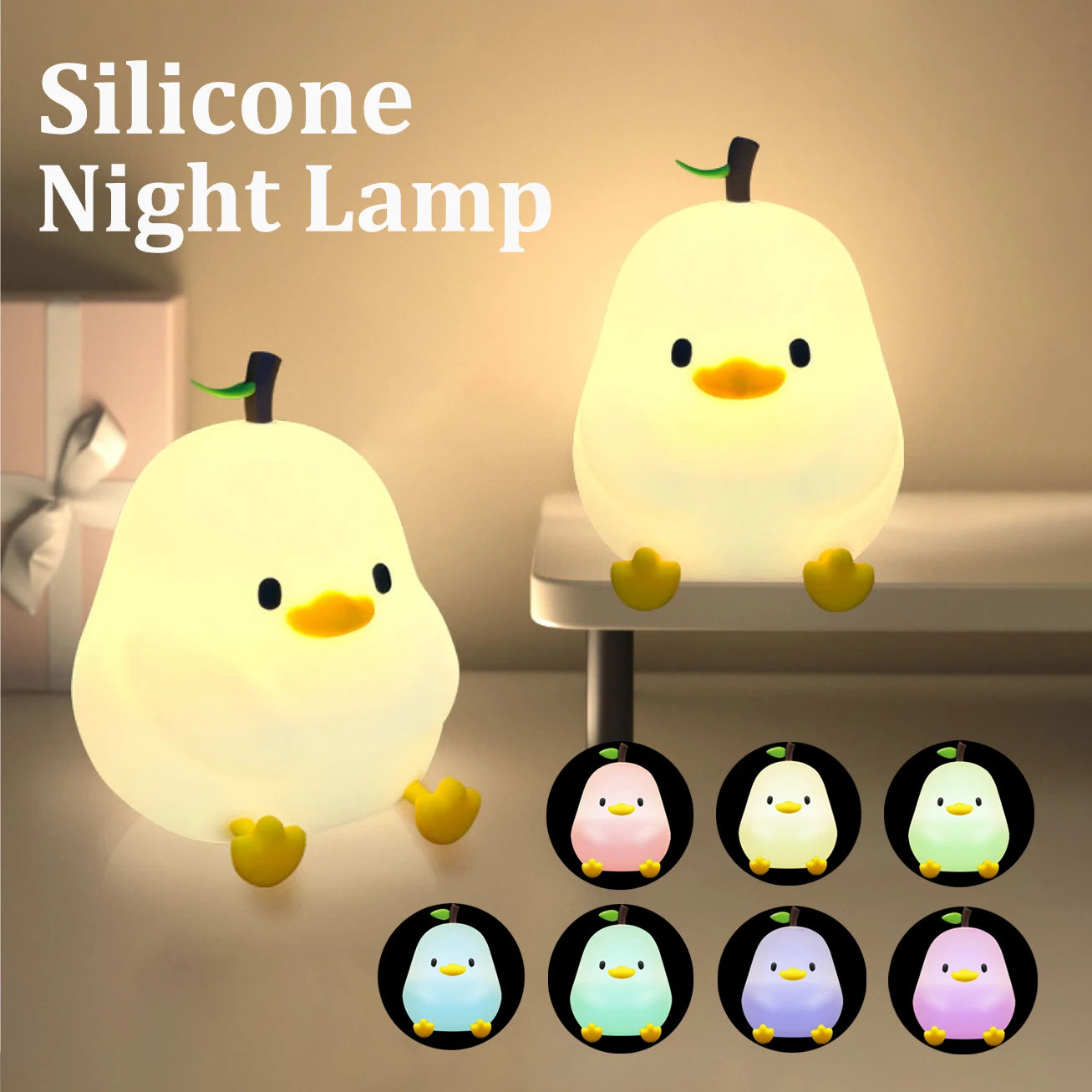 Cute Pear Night Light 7-Color Dimmable Touch-Controlled Night Light Silicone Stress Reducing Pat Duck Lamp USB Rechargeable