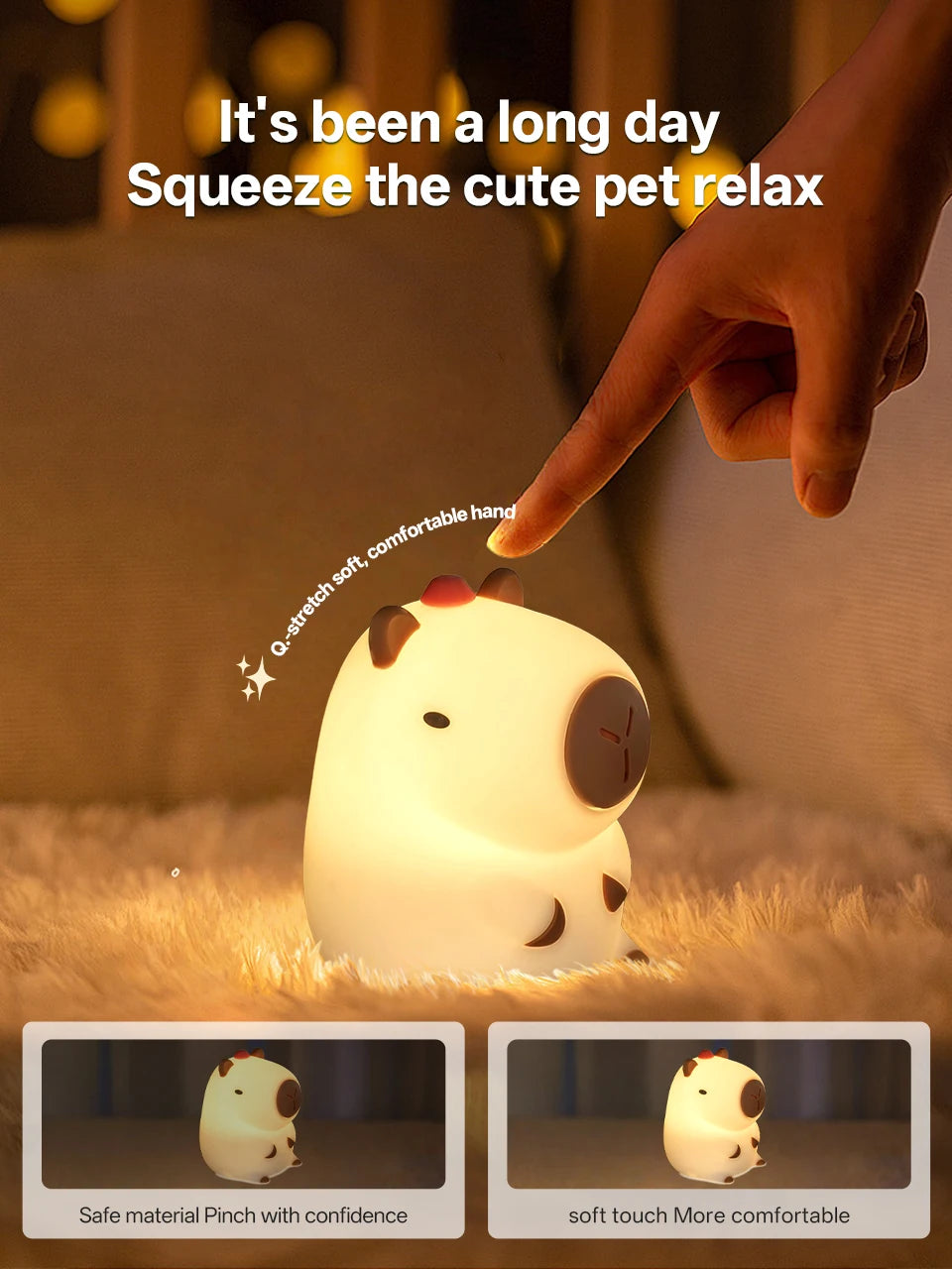 Cute Pear Night Light 7-Color Dimmable Touch-Controlled Night Light Silicone Stress Reducing Pat Duck Lamp USB Rechargeable