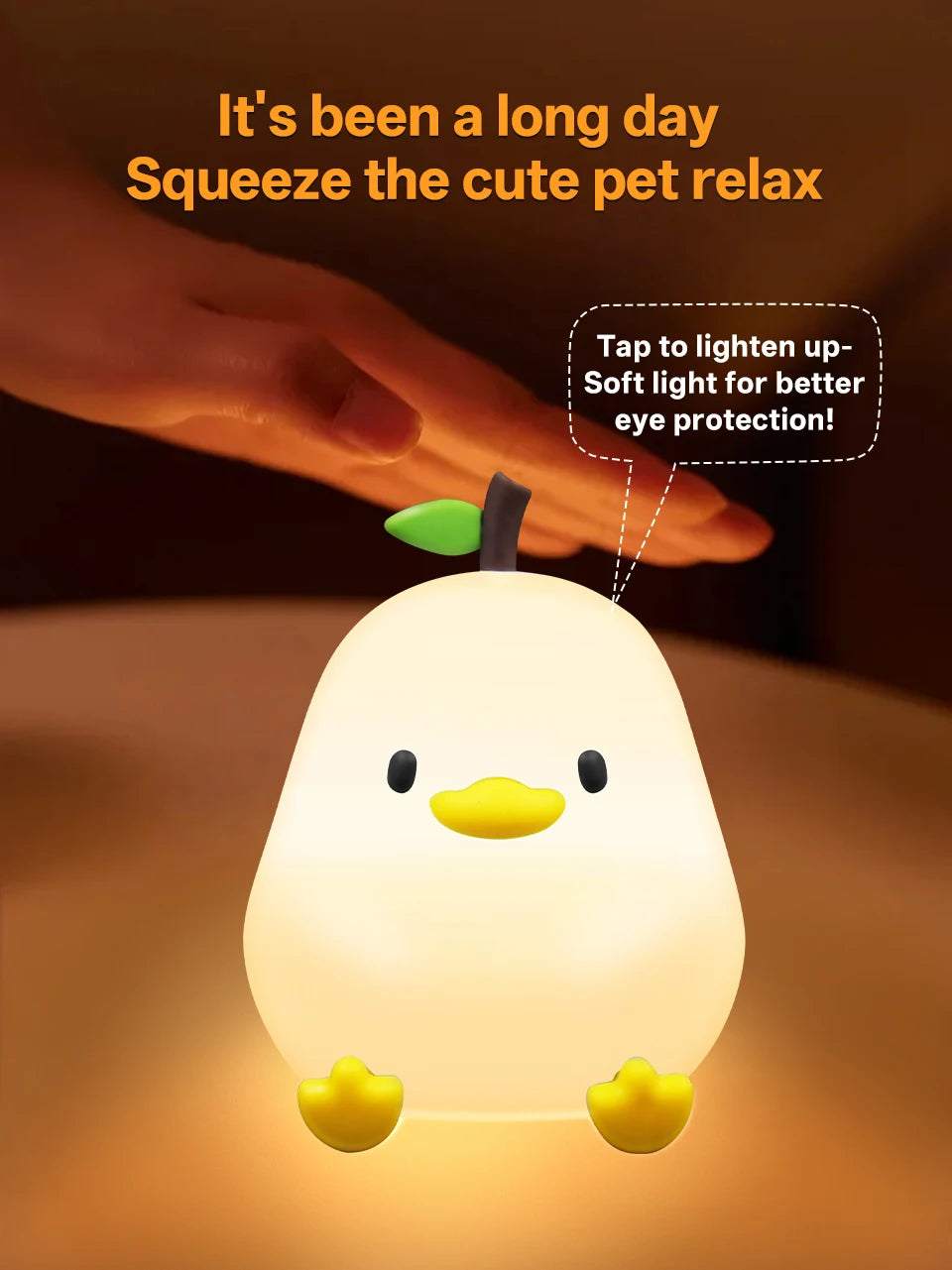 Cute Pear Night Light 7-Color Dimmable Touch-Controlled Night Light Silicone Stress Reducing Pat Duck Lamp USB Rechargeable