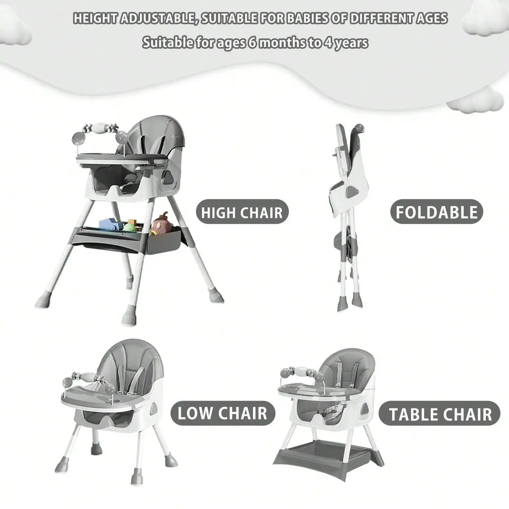 Foldable Baby High Chair (6+ Months): Large Anti-Slip Pad, Toy Rack & Easy-to-Clean Feeding Design – Model E500