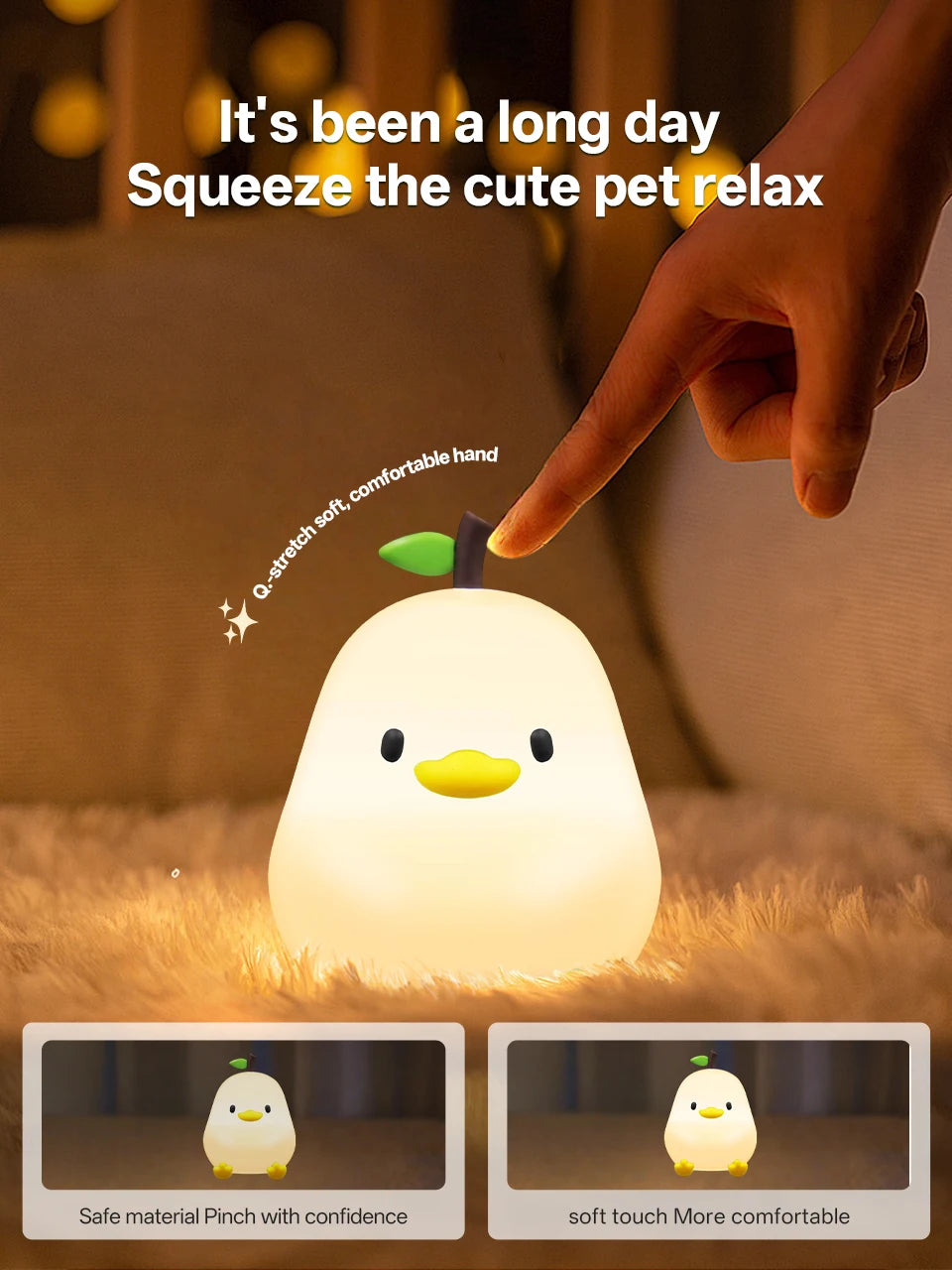 Cute Pear Night Light 7-Color Dimmable Touch-Controlled Night Light Silicone Stress Reducing Pat Duck Lamp USB Rechargeable
