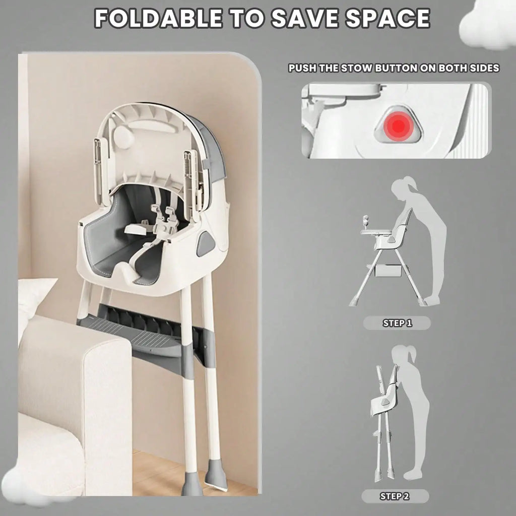 Foldable Baby High Chair (6+ Months): Large Anti-Slip Pad, Toy Rack & Easy-to-Clean Feeding Design – Model E500