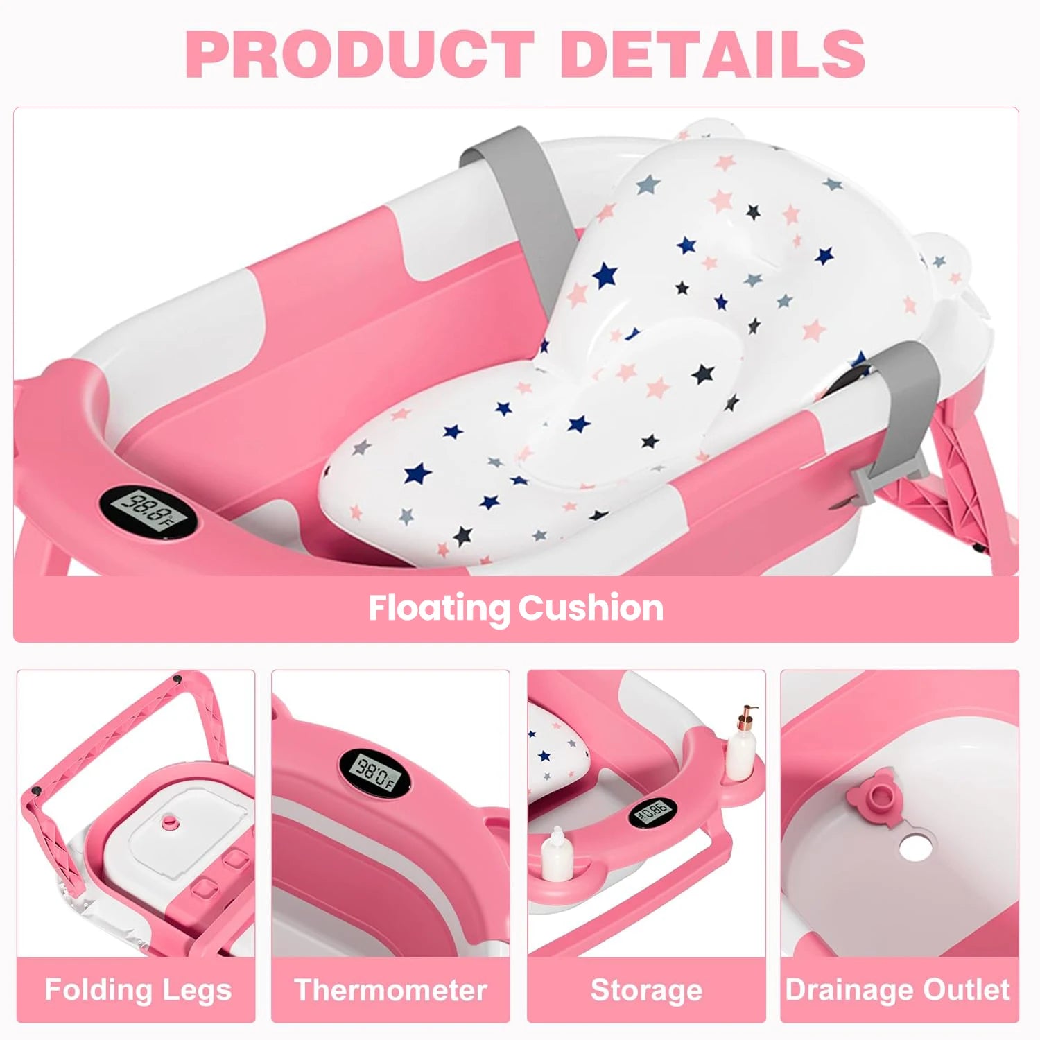 Portable Travel Bathtub, Collapsible Baby Bathtub, with Thermometer &1Soft Floating Cushion, with Drain Hole,For Baby 0-36 Month