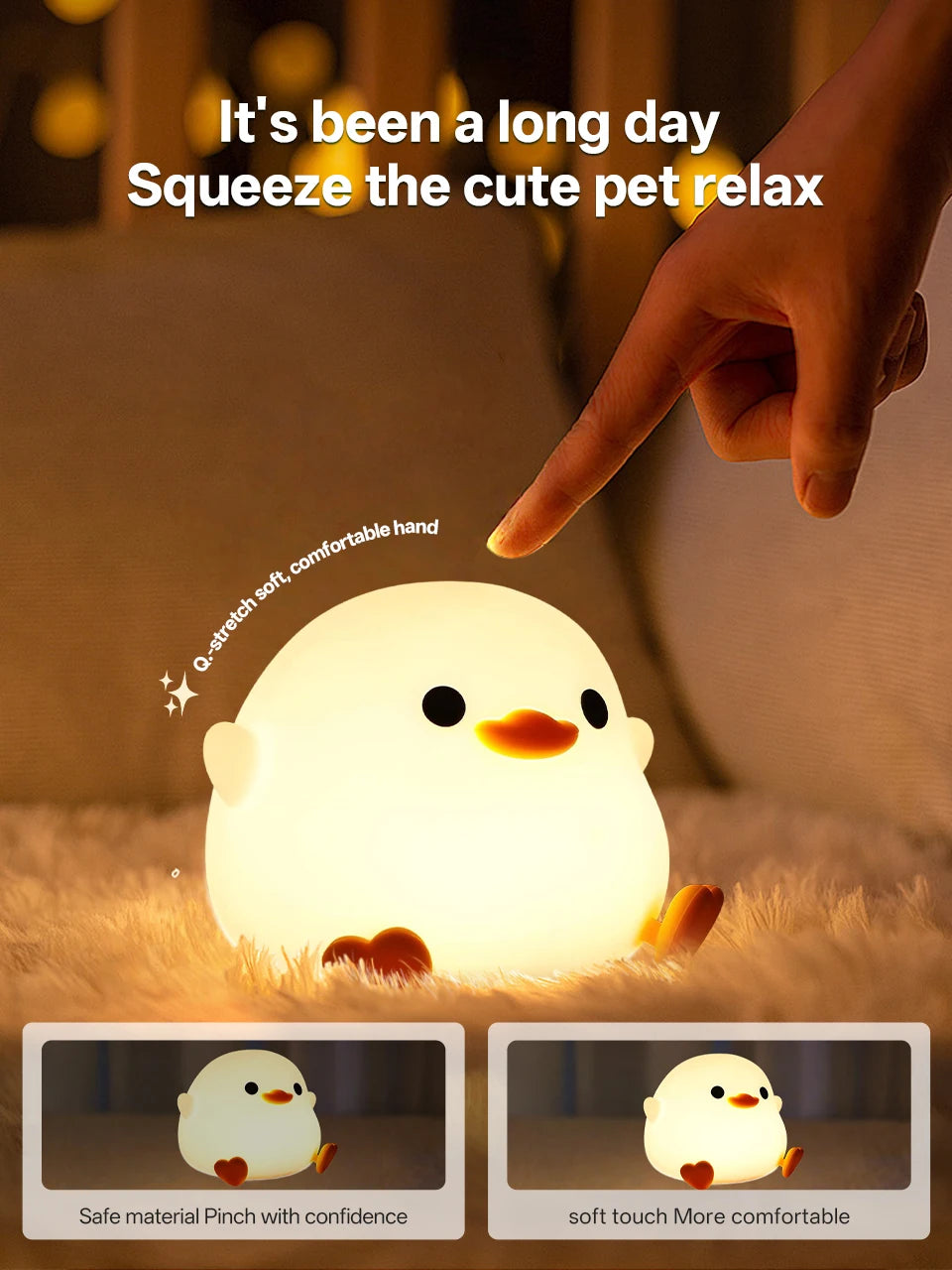 Cute Pear Night Light 7-Color Dimmable Touch-Controlled Night Light Silicone Stress Reducing Pat Duck Lamp USB Rechargeable