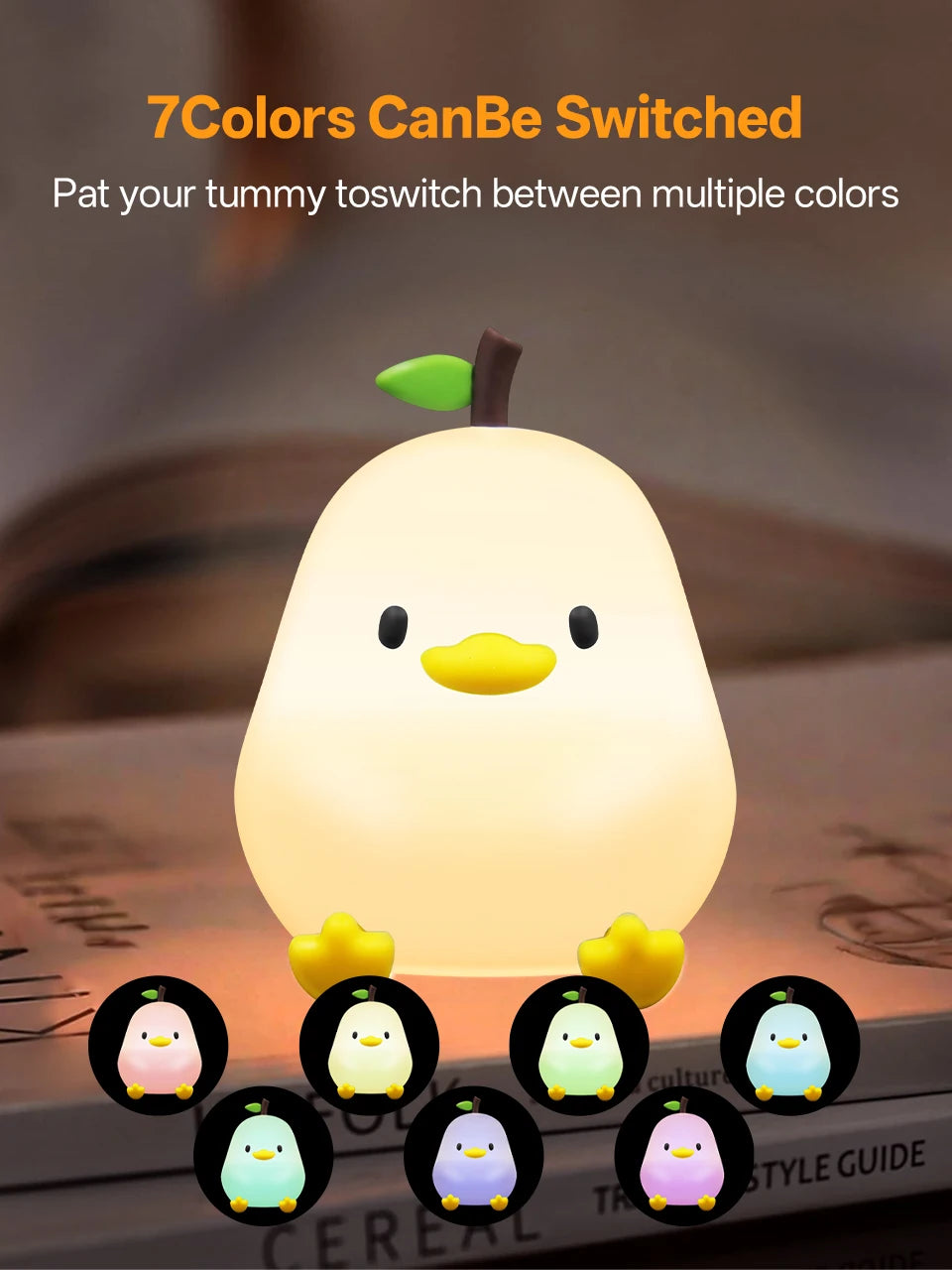 Cute Pear Night Light 7-Color Dimmable Touch-Controlled Night Light Silicone Stress Reducing Pat Duck Lamp USB Rechargeable