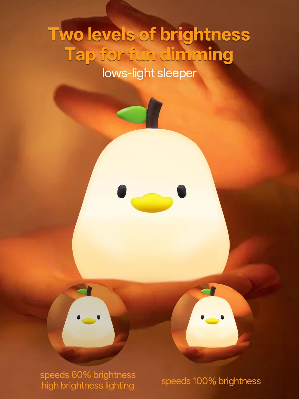 Cute Pear Night Light 7-Color Dimmable Touch-Controlled Night Light Silicone Stress Reducing Pat Duck Lamp USB Rechargeable