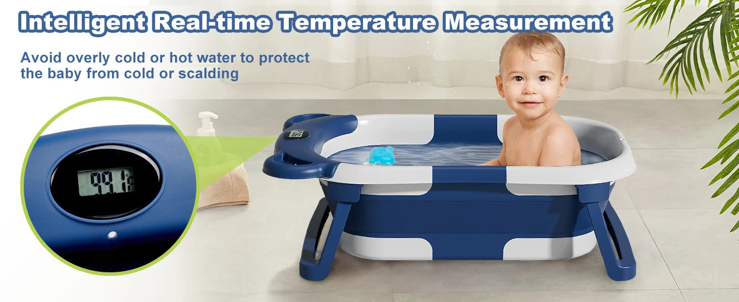 Portable Travel Bathtub, Collapsible Baby Bathtub, with Thermometer &1Soft Floating Cushion, with Drain Hole,For Baby 0-36 Month
