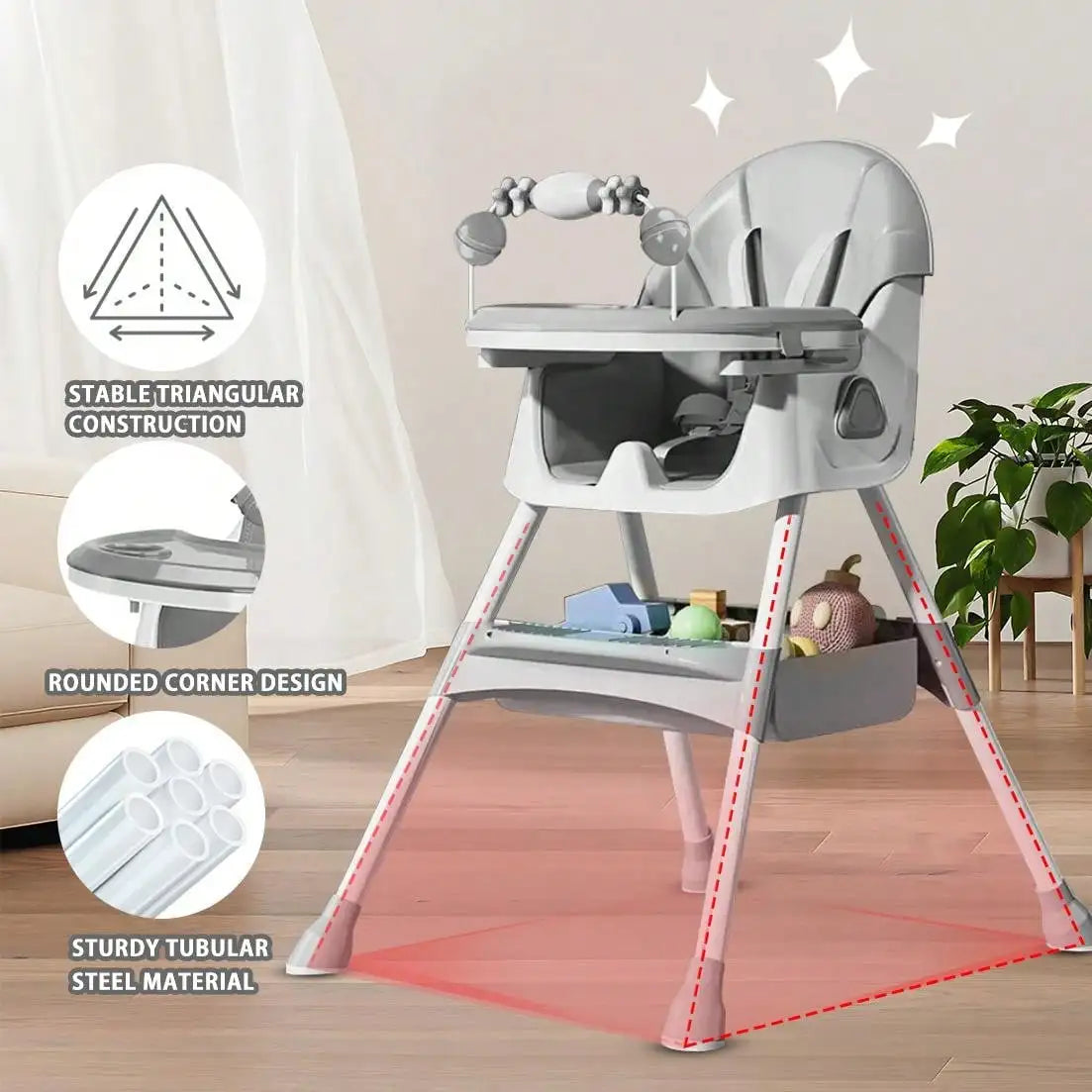 Foldable Baby High Chair (6+ Months): Large Anti-Slip Pad, Toy Rack & Easy-to-Clean Feeding Design – Model E500