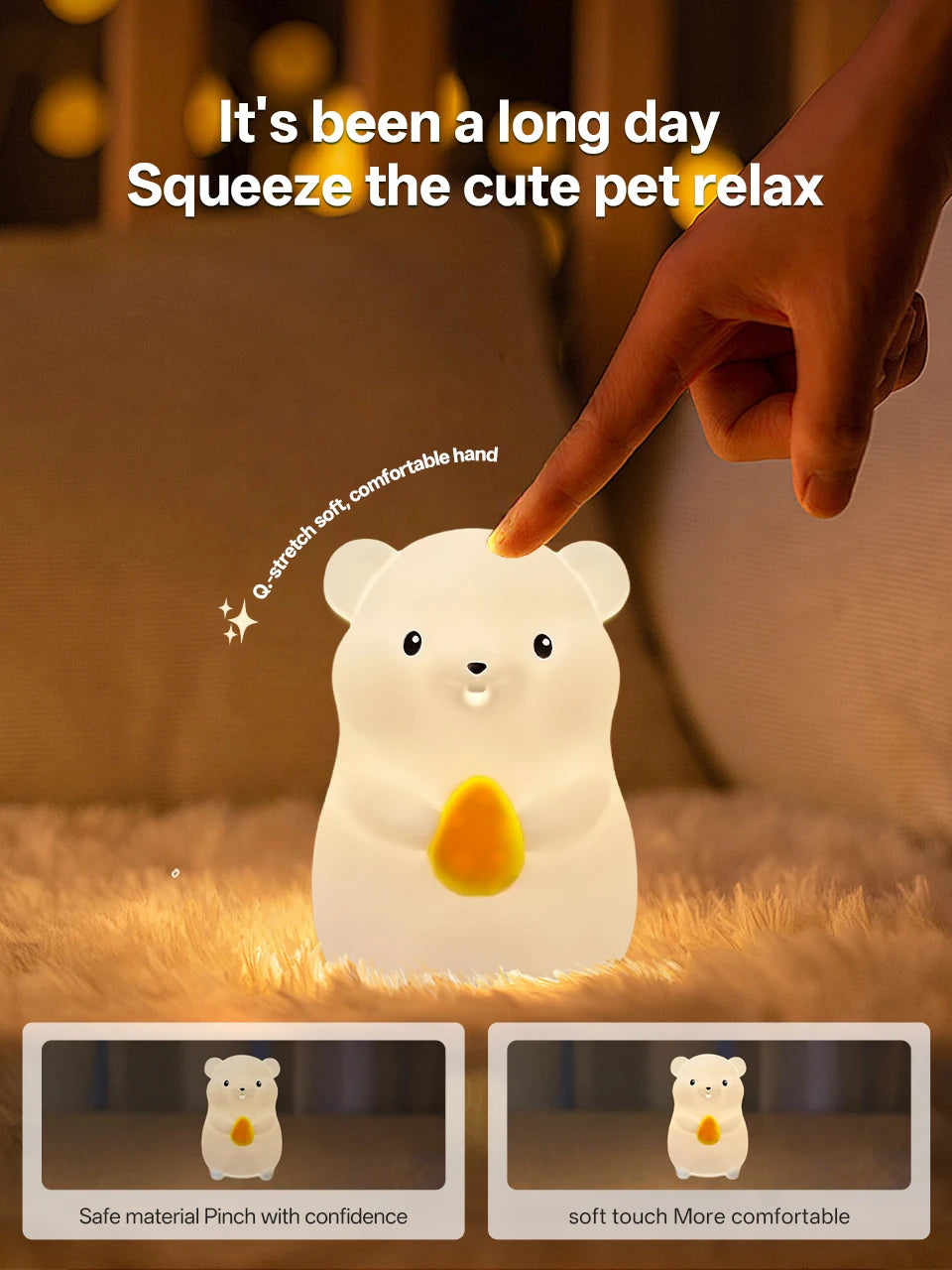Cute Pear Night Light 7-Color Dimmable Touch-Controlled Night Light Silicone Stress Reducing Pat Duck Lamp USB Rechargeable